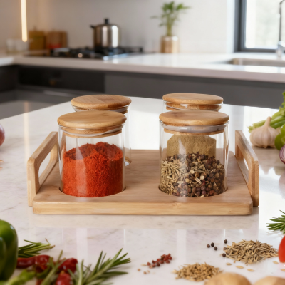 4-daļīga apaļa stikla glabātuve ar koka paplāti