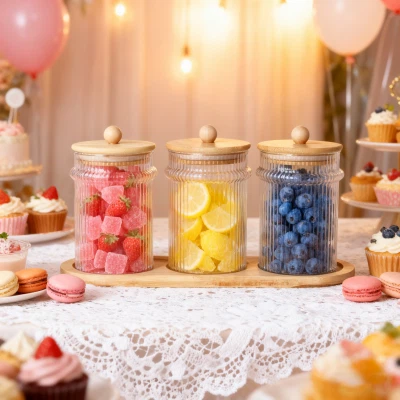 Stikla burku trio komplekts ar koka vāku un pamatni